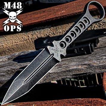 M48 Tanker Combat Dagger | 4 1/4 Double-Edged 3Cr13 Stainless Steel Blade | Stonewashed Finish | Open-Ring Pommel | Kydex Sheath with Metal Belt Clip | 9 1/2 Overall Length