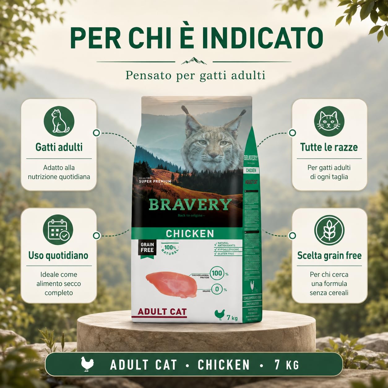 Bravery Adult Crocchette Gatto Adulto con Pollo, Mangime Secco Grain Free per Gatti Adulti, Alimento Completo Premium con Proteine Animali e Ingredienti Digeribili, 7 kg