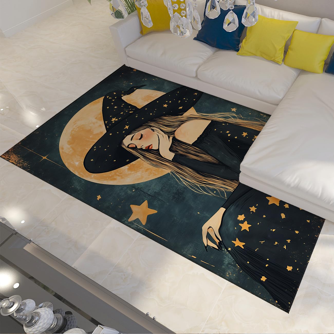 Mysterious Witch Teppiche Zimmerdekorationsbereich Teppich für Wohnzimmer Schlafzimmer Vollmond und Sterne Muster Waschbare Bodenmatte Rutschfester Teppich mit niedrigem Flor Blau 60x120cm