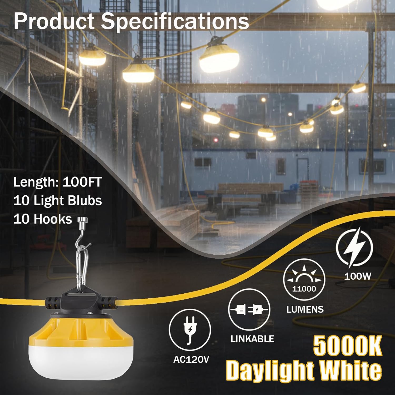 100FT LED Construction String Lights, 10 Bulbs Waterproof Linkable Industrial String Work Lights & Hooks, 5000K Daylight Temporary Lighting for Jobsite Attic Cralspace