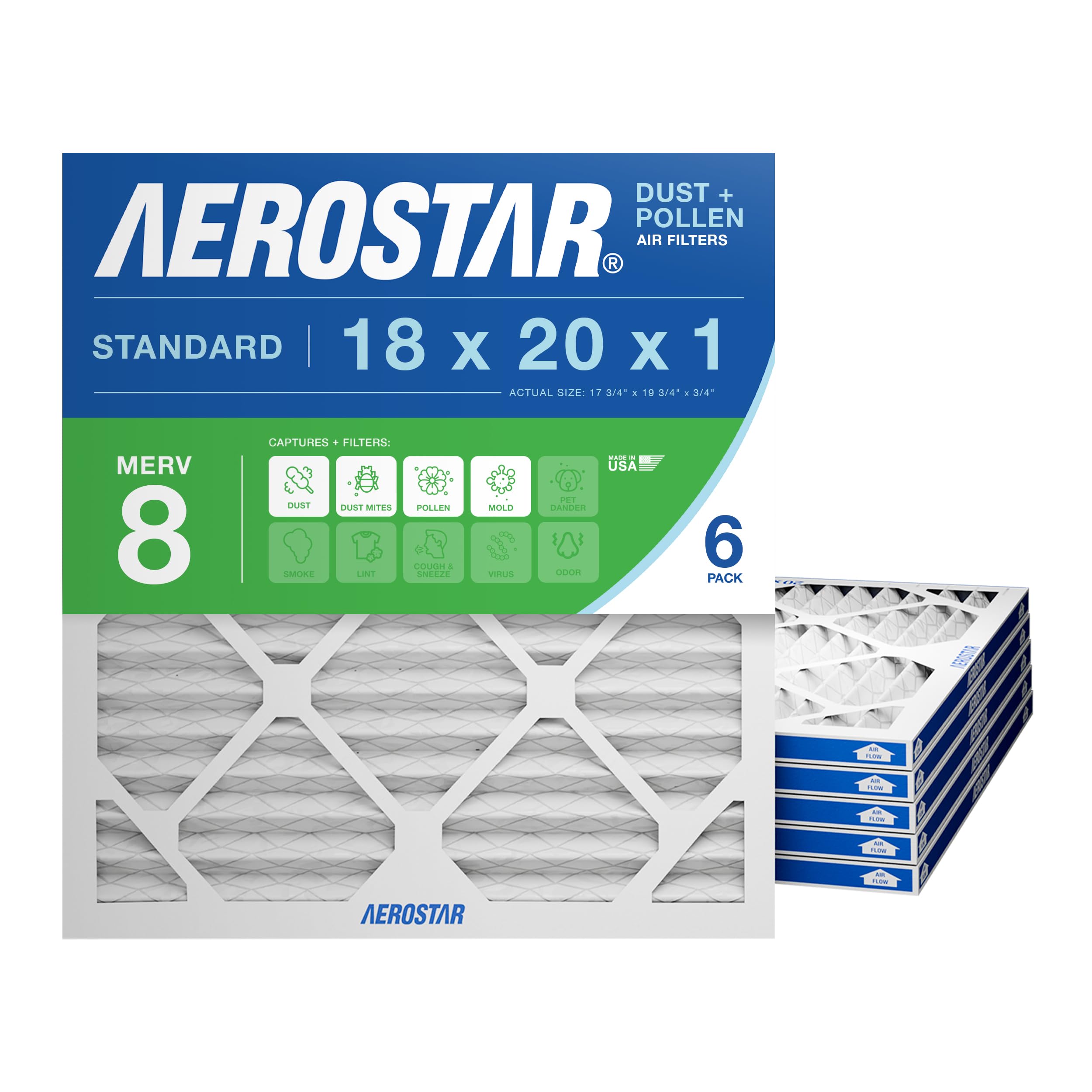 Aerostar 18x20x1 MERV 8 Air Filter 6 Count ACTUAL SIZE 17 50 x 19 50 x 0 75