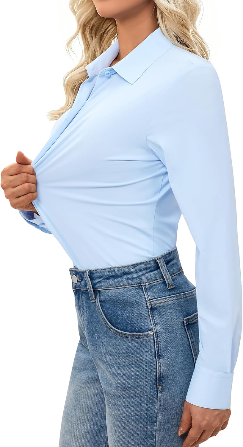 Button Down Shirts for Women Slim Fit Long Sleeve Stretch Dress Shirts Work Shirt Wrinkle Free Office Blouse Top - Image 2