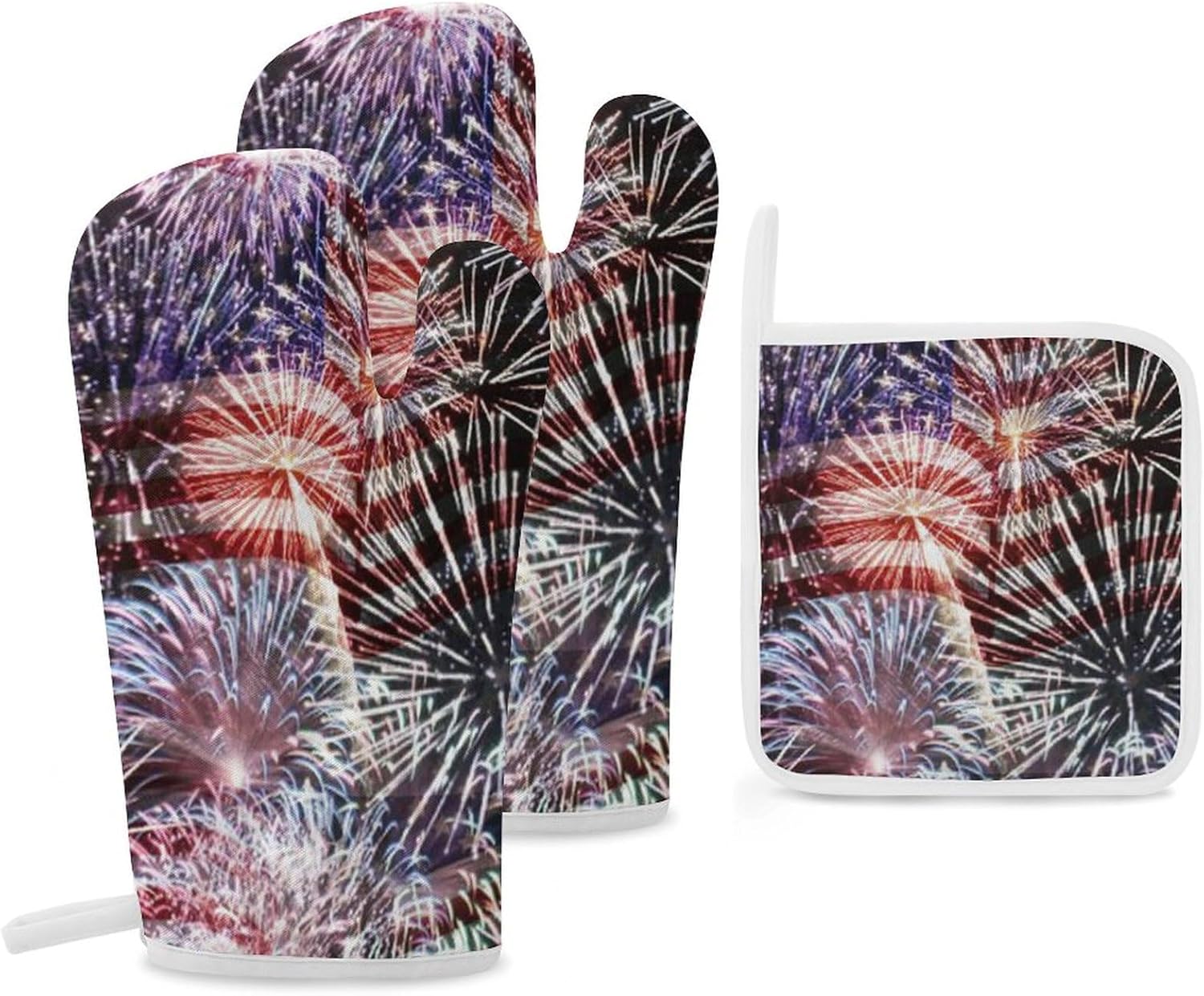 U.S. Flag Fireworks July 4th Print Oven Mitts and Pot Holders 3 Piece Sets Heat Resistant Gloves Hot Pads Potholders for Kitchen Baking Cooking