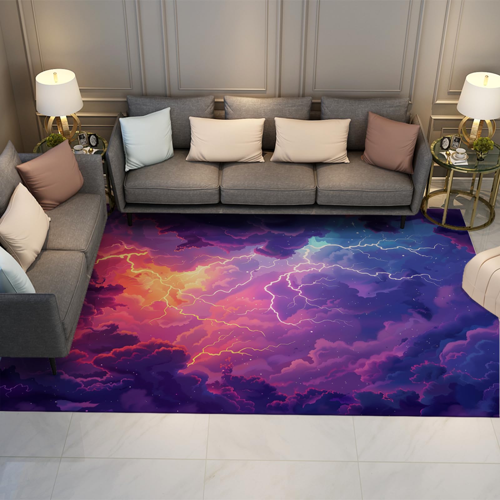 Tapis esthétique de foudre et ciel étoilé onirique pour salon moderne