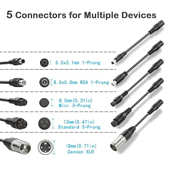 Qoovi 5 in 1 Universal Charger Plugs for Electric Scooter Chargers Connector (5.5x2.5mm),Cable 8.0mm RCA,0.31in&0.47in 3-Prong, 12mm Cannon XLR,for ninebot/gotrax/Razor/Voyage/Jetson and Most Device
