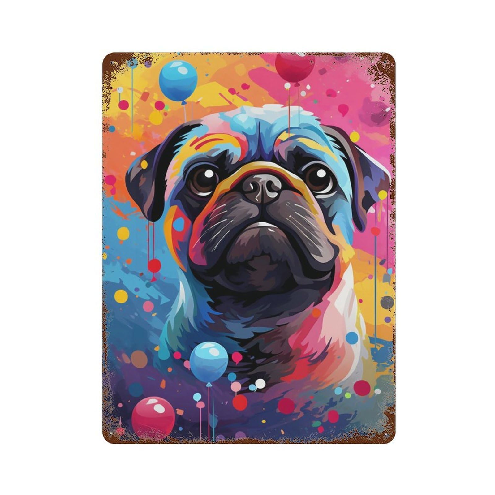 Garage Style Colorful Pug Balloons Art Print Distressed Metal Wall Sign 15.7"x11.8", Rustic Home Decor for Bar And Workshop