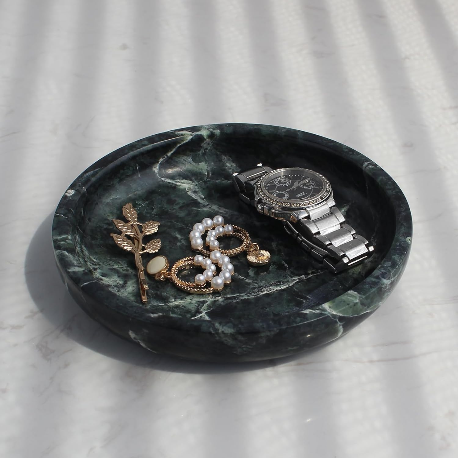 Natural Marble Travertine Ring Dish Jewelry Tray 5.5" for Women, Marble Trinket Dish for Key Earring Nightstand, Mother's Day Engagement Birthday Gift - Verde Guatemala