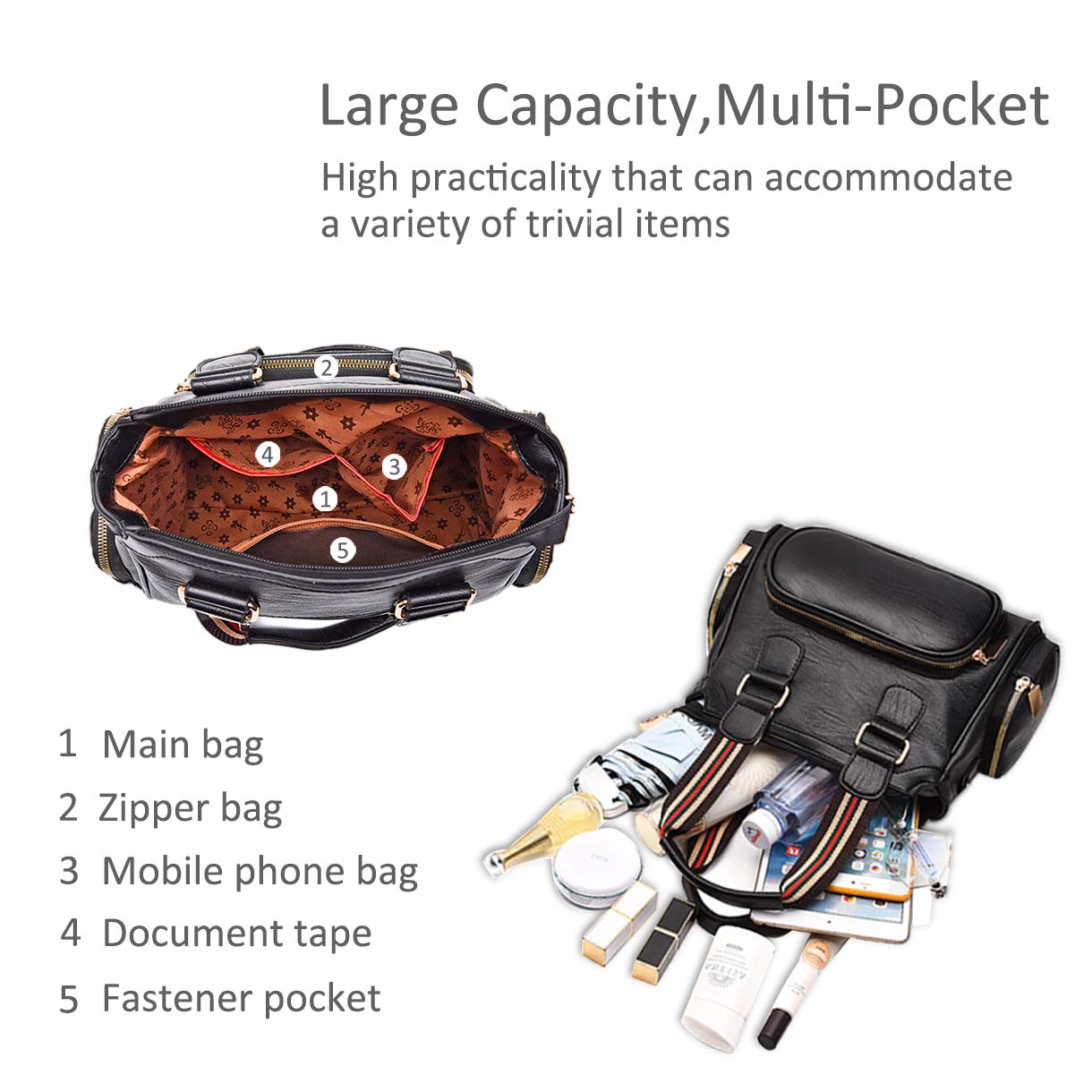 WolFum Nuove borse a mano da donna e borsa a tracolla Borsa a tracolla in morbida pelle con tasche multiple Raddoppia il comfort