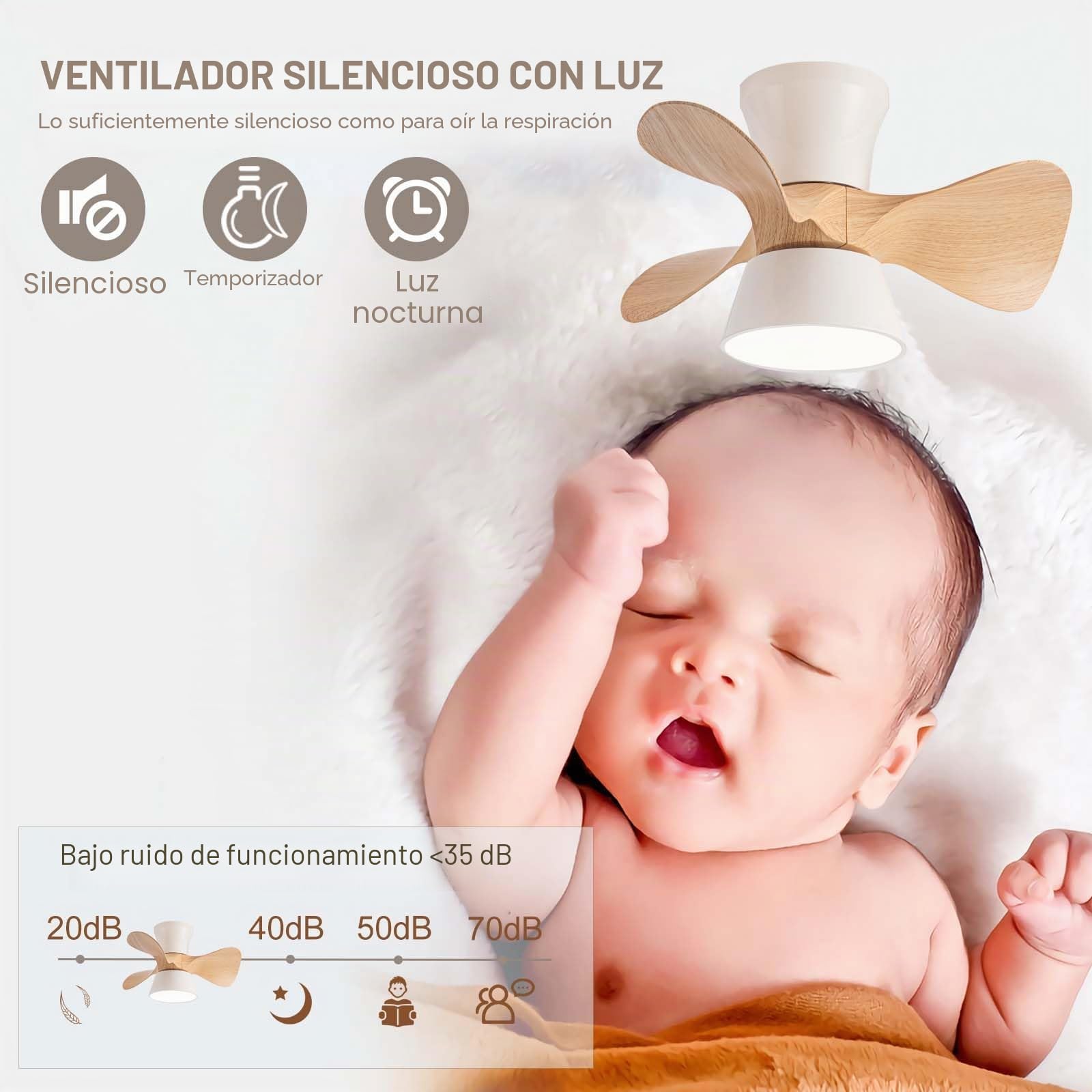 Ventilador De Techo Con Luz Silencioso LED Regulable Lampara Ventilador DC Reversible 6 Velocidades Timer Pequeña Ceiling Fan with Light Para El Dormitorio De Los Niños Salón-Wood Grain