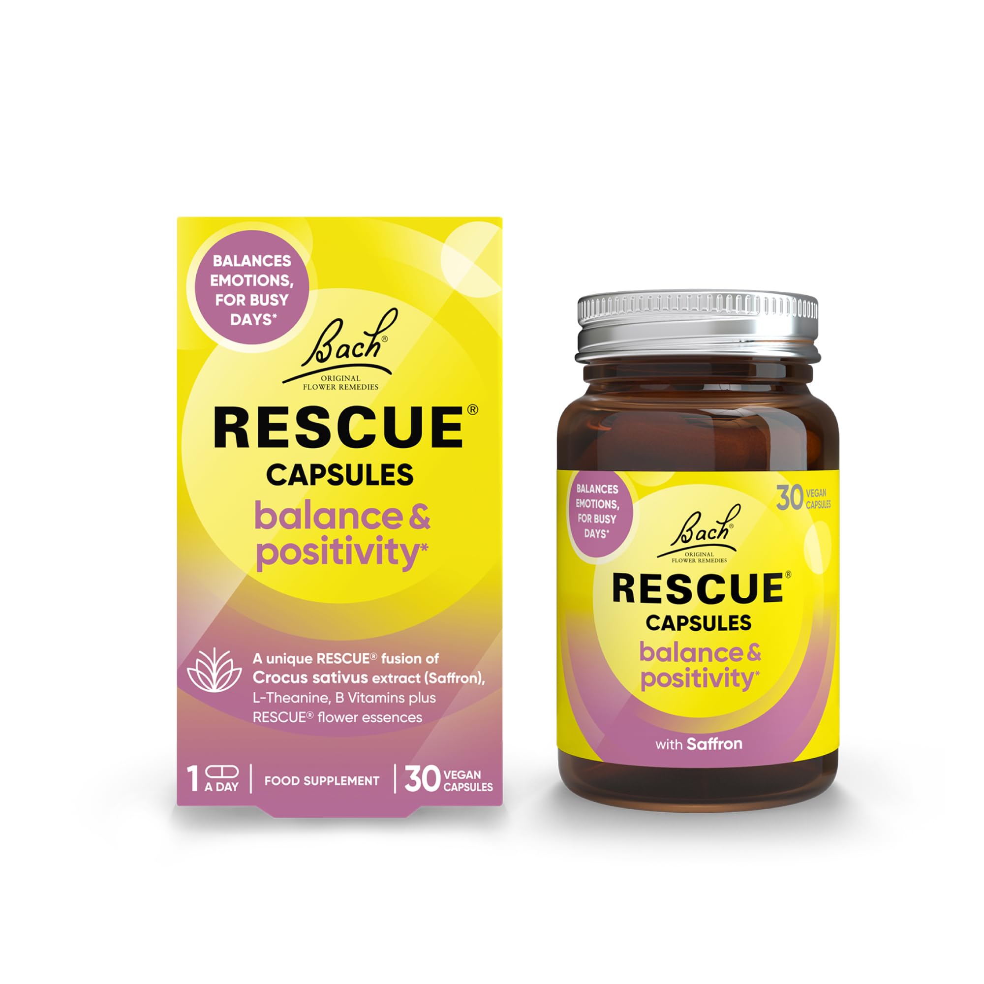 Rescue Balance & Positivity Capsules | Daily Mood Support | Bach Original Flower Essences | Saffron | Vitamin B5 & B12 | 30 Vegan​ Capsules