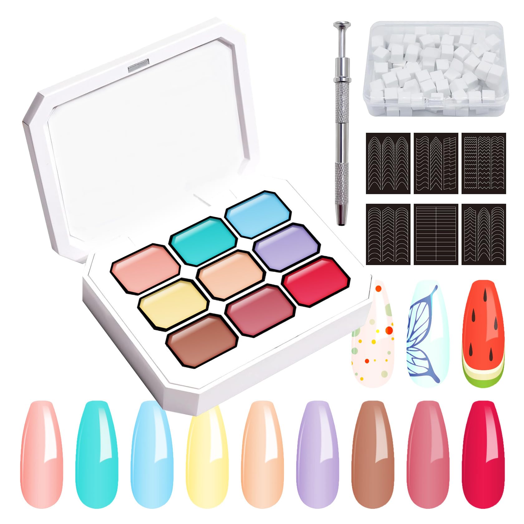 LZXLUKGIR Painting Gel for Nail Art,9 Colors Ombre Gel Nail Polish with 100PCS Nail Sponges for Ombre Grabbing Pen and French Tip Guide,Gradient
