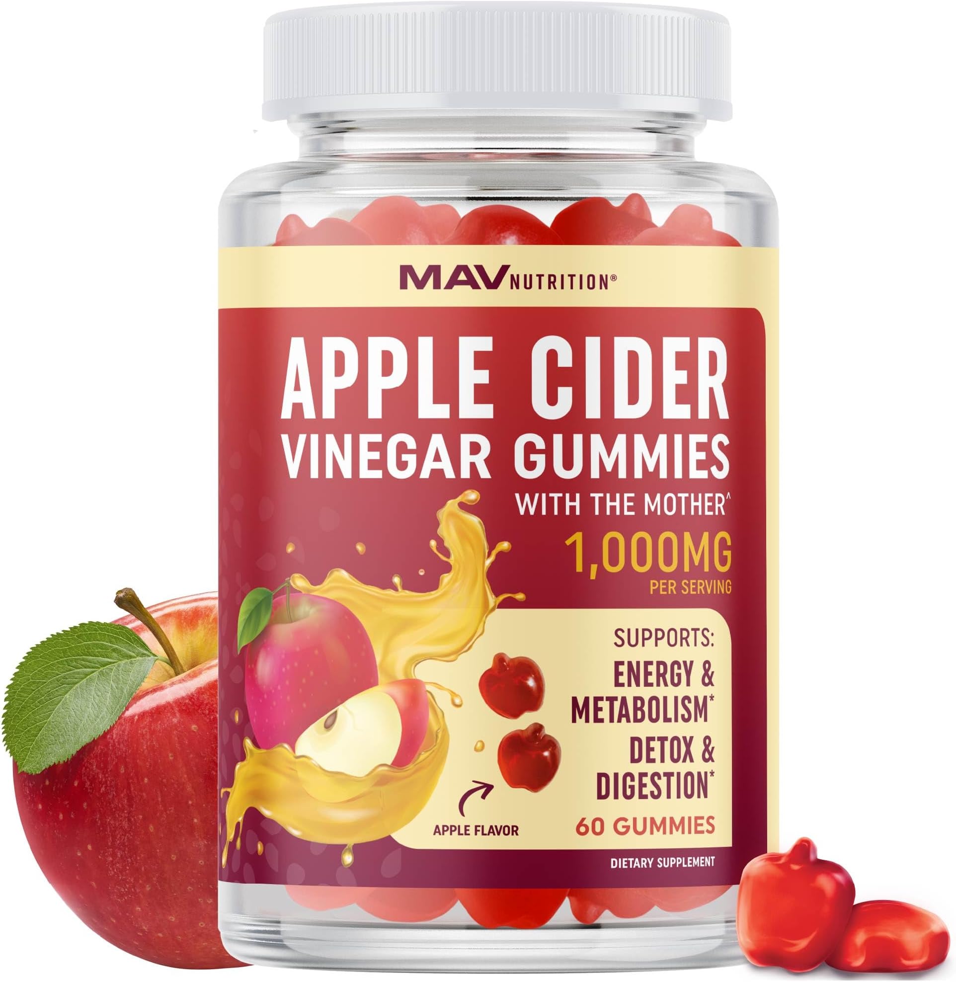 Organic Apple Cider Vinegar Gummies for Digestion, Detox & Healthy Immune Function Support | 1000MG ACV Per Serving | With The Mother, Vitamin B6, B12 & Folate | Vegan, Gluten-Free | 60 Gummies