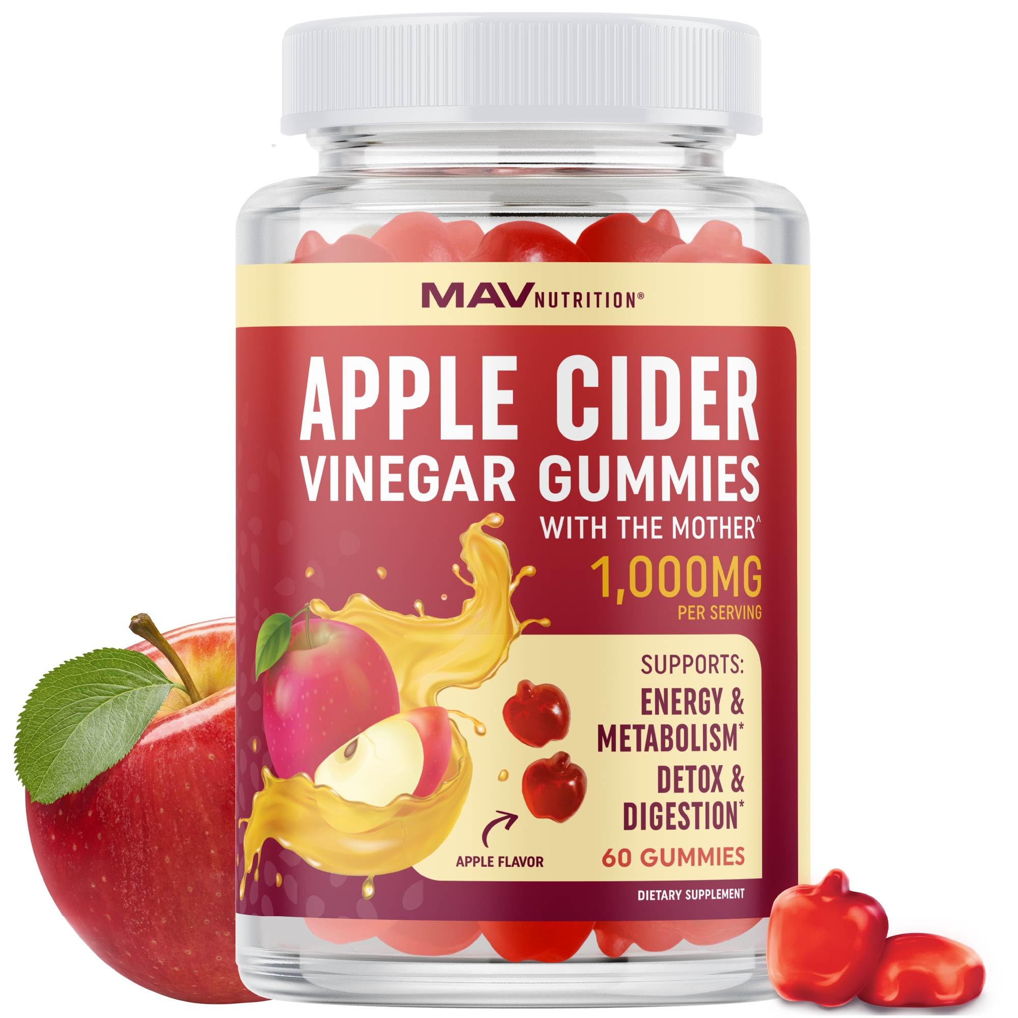 Organic Apple Cider Vinegar Gummies for Digestion, Detox & Healthy Immune Function Support | 1000MG ACV Per Serving | with The Mother, Vitamin B6, B12 & Folate | Vegan, Gluten-Free | 60 Gummies