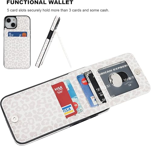 Miniatura 4 de Vaburs Funda compatible con iPhone 13 y iPhone 14 con tarjetero de crédito, diseño de leopardo blanco con tapa de piel sintética de primera calidad