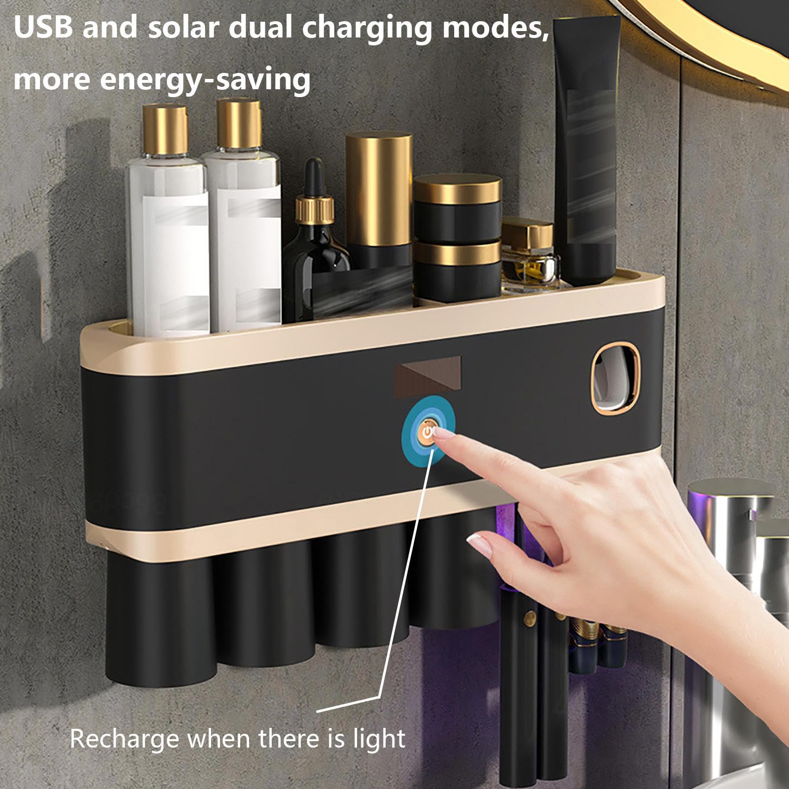Soporte Cepillo De Dientes Inteligente Limpieza Profunda con UV, Porta Cepillo De Dientes Montado En La Pared con Múltiples Ranuras De Carga Solar USB, Soporte para Cepillos De Dientes,4-Cups