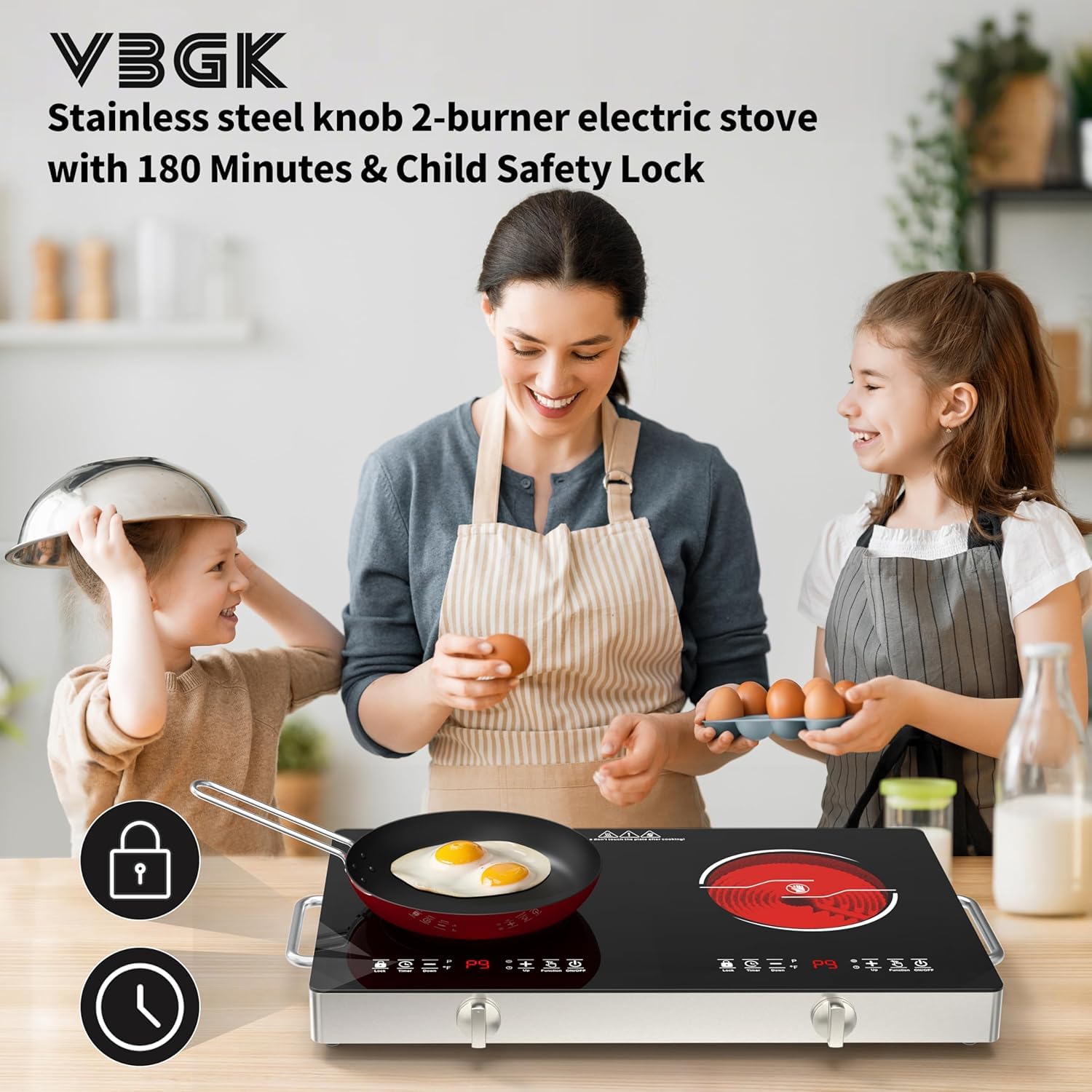 VBGK Double Electric Hob, 220V 3520W Ceramic Hob with Handle, Electric Hot Plate with 9 Power Levels, Child Safety Lock, Timer,Knob and Touch Control, 2 Burner Cooktop - 4