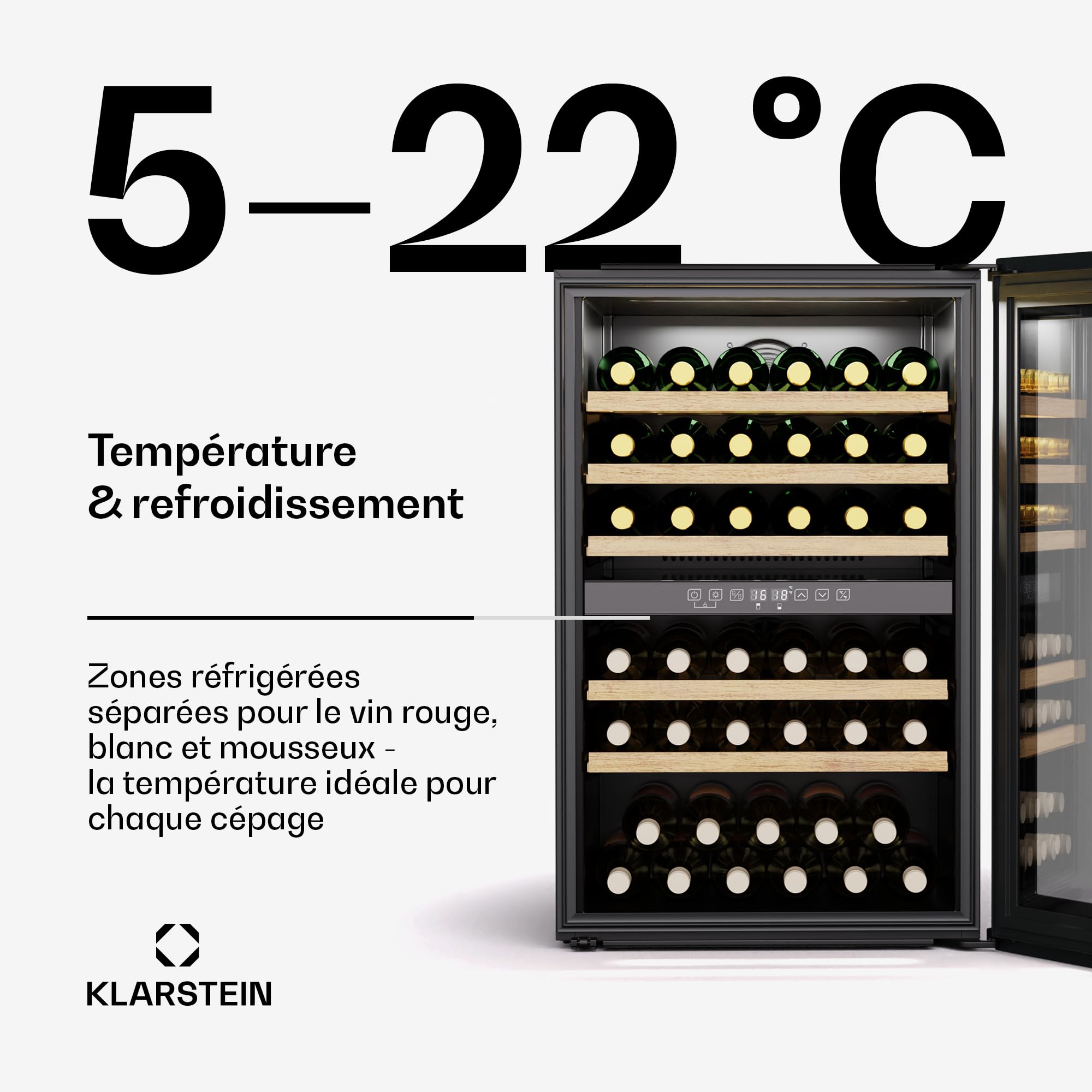 KLARSTEIN Vinsider 57 Duo Cave à vin 2 zones - 57 bouteilles, 5-22°C, encastrable, silencieuse 38 dB, étagères en bois, vitre anti-UV, 143 L