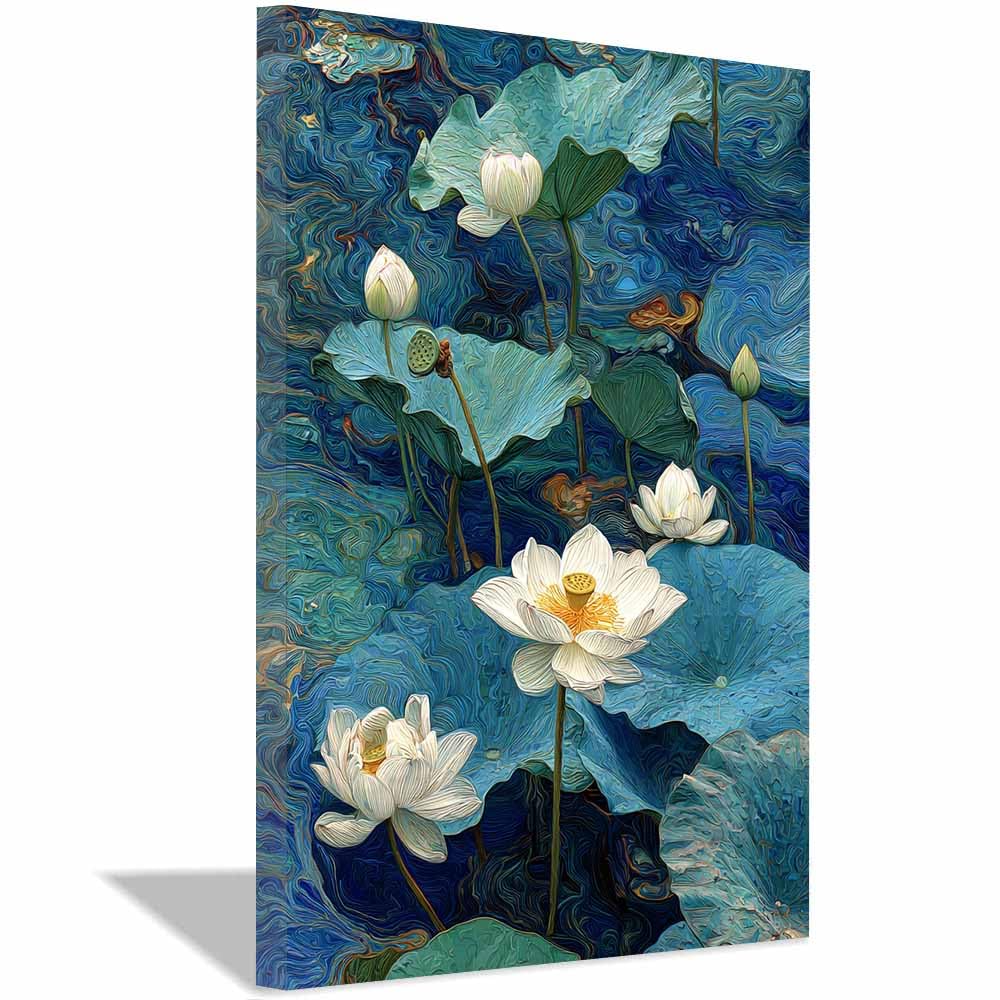 Xeniou Multicolor Flower Canvas Wall Art Blue Lotuses Pond Art Canvas Wall Art, For Living Room Bedroom Home Wall Decoration(Multicolor)-40X60cm Framed