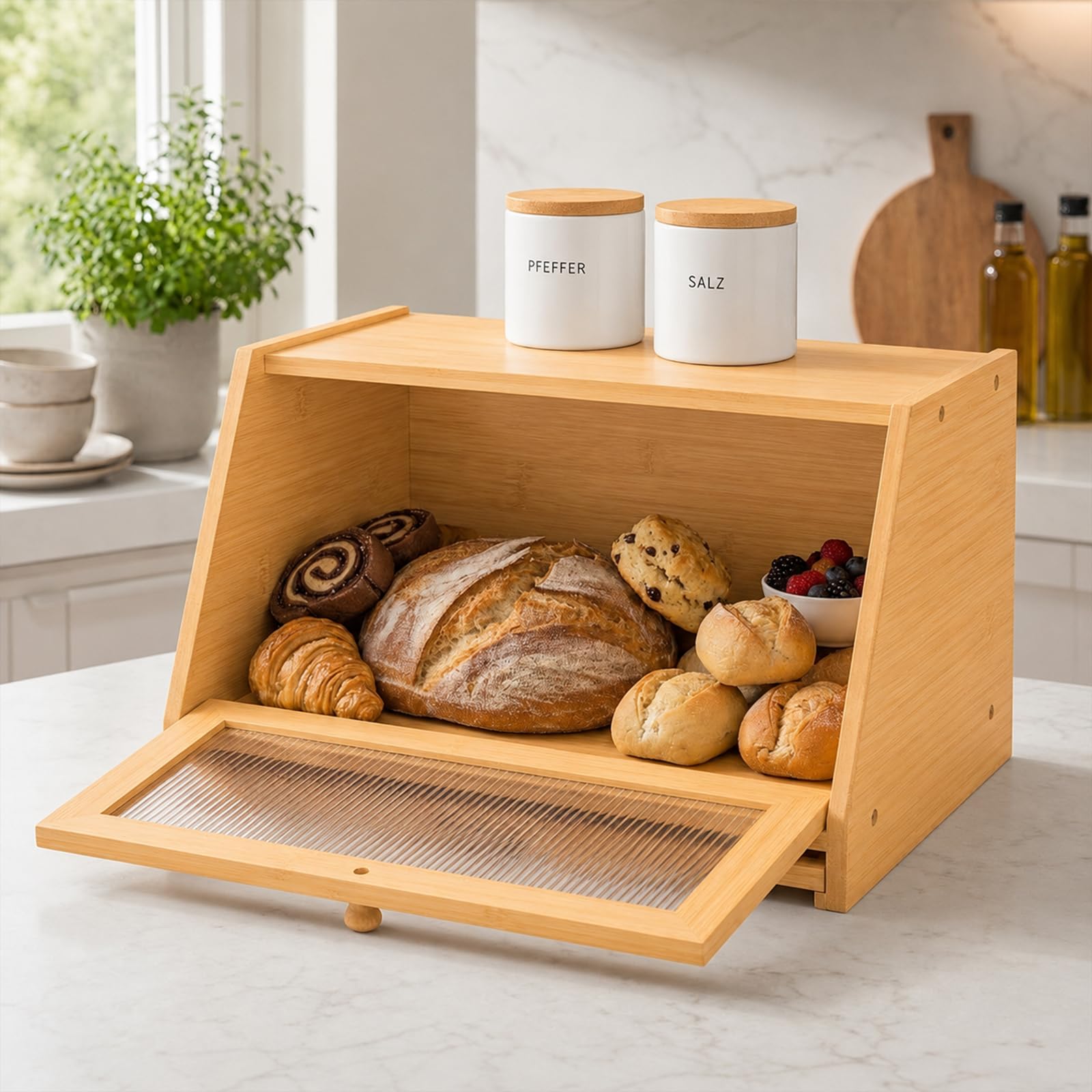 Trintion Brotkorb mit Schneidebrett, Brotkasten aus Bambus | Geeignet für selbstgebackenes Brot, Kuchen oder andere Backwaren. Auch zur Aufbewahrung von Obst oder Snacks geeignet.