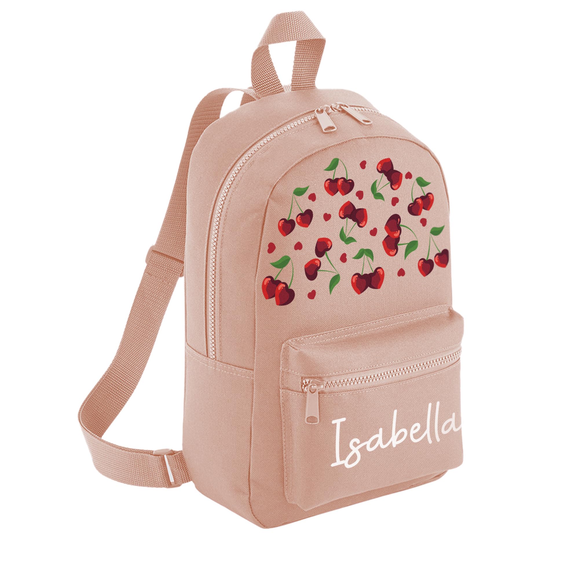 A1 Graphics Ltd Peach Personalised Cherries Kids Backpack Custom With Name Choice Of Colours Cherry Hearts School Bag With Adjustable Straps For Children & Toddlers (Peach)