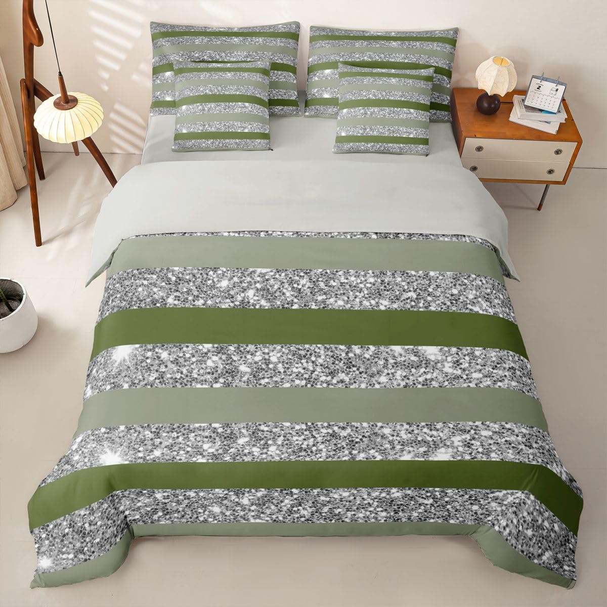 Loussiesd Juego de funda de edredón de 7 piezas, color verde oscuro, tamaño doble, juego de ropa de cama con purpurina en una bolsa, funda de edredón, sábanas, fundas de almohada, fundas de cojín