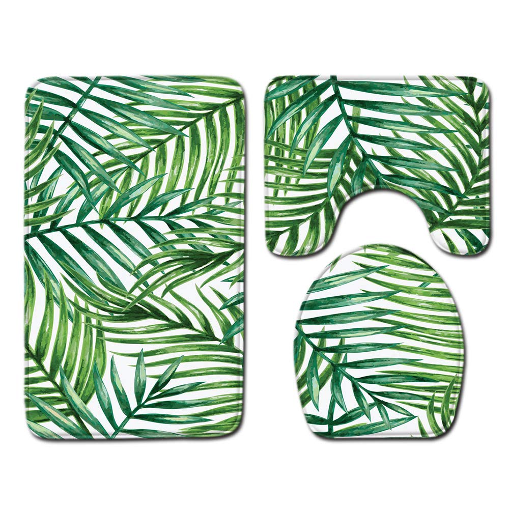 Shinewe Green Leaf 3 Pieces Bathroom Rug Set Pedestal Mat Non Slip Bath Mat Toilet Lid Cover Toilet Rug Set (Green Leaf)