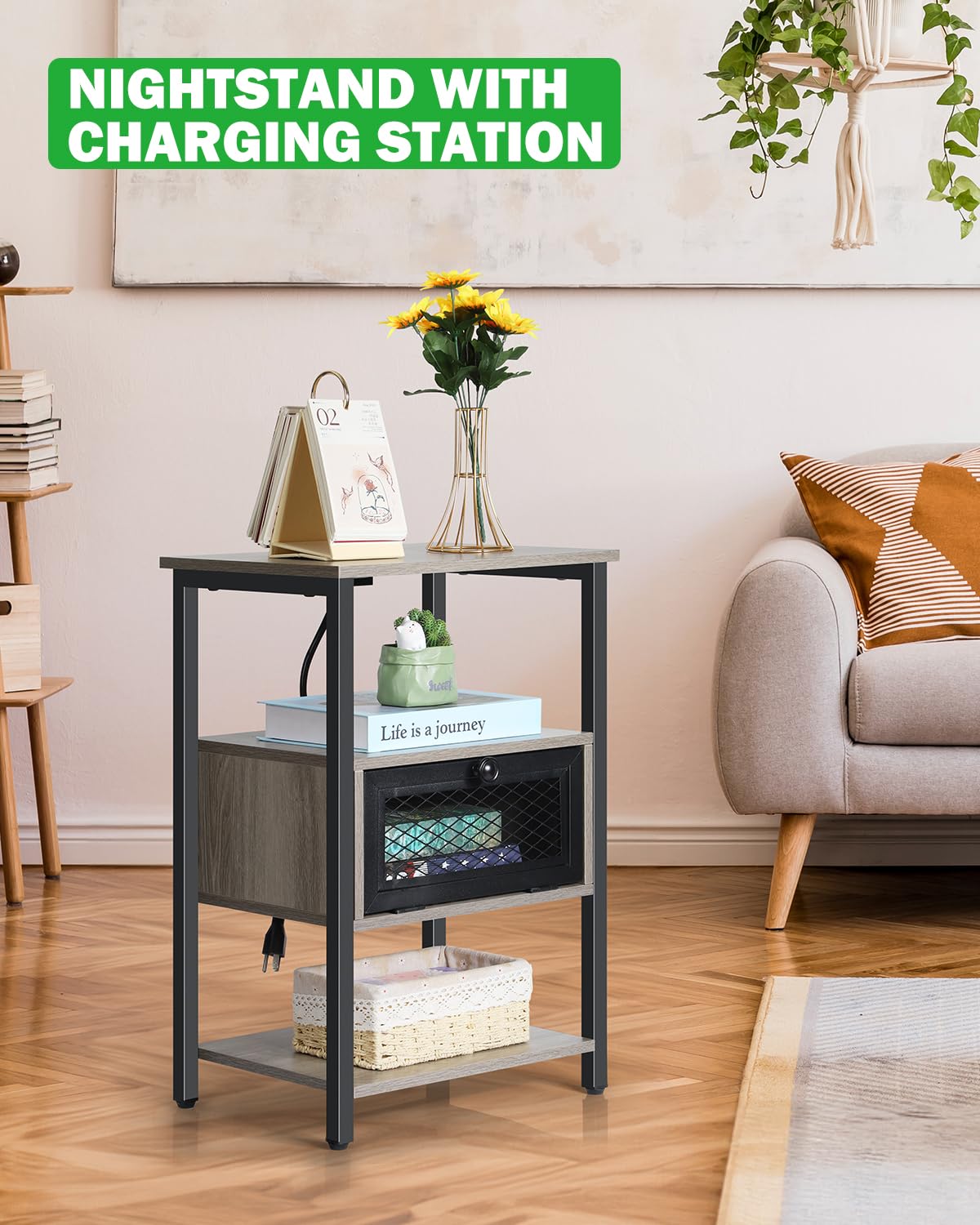 MOOACE Nightstand with Charging Station, 3-Tier Storage Shelf Tall Sofa Side Table, Bedside Table with Drawer, Small End Table with Usb Ports Power Outlets, Industrial Room Decor Furniture Mesas, Grey