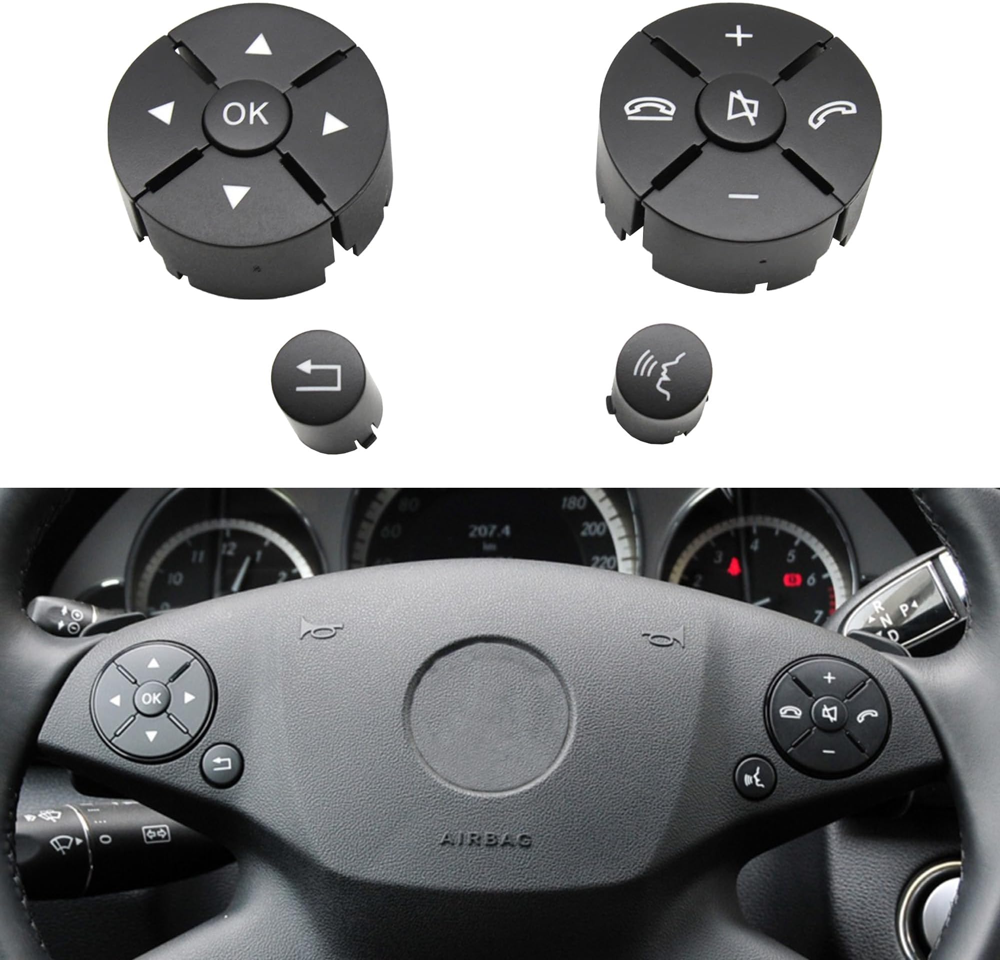 Car Steering Wheel Button Cover Replacement Voice Audio Control for Mercedes Benz C E S Class W204 W212 W221 GLK X204 (Black-A set)