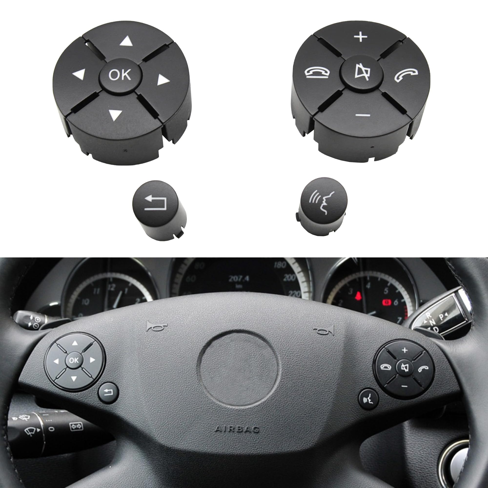 Car Steering Wheel Button Cover Replacement Voice Audio Control for Mercedes Benz C E S Class W204 W212 W221 GLK X204 (Black-A set)