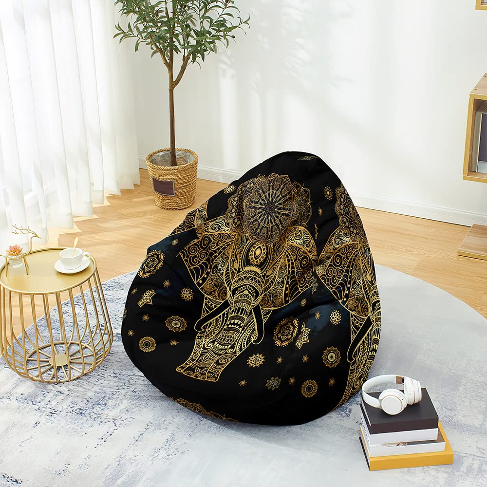 FANSU Zitzak hoes zonder vulling, Gaming zitzak stoel voor volwassen kinderen, Highback zitzak stoel, knuffel kleding opslag 3D olifant print luie bank (100x120cm, zwart gouden olifant
