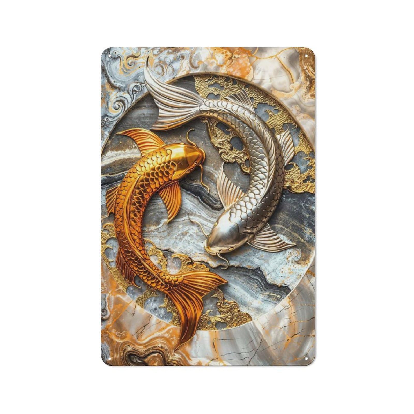Junmoney Style-16 Garden Style Tin Sign 30X20cm Featuring Elegant Yin Yang Koi, Shed Wall Decor For Patio Bar, Workshop, Shed Or Kitchen