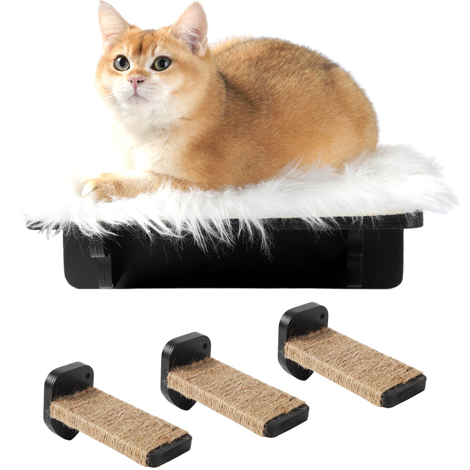 COOLEX Cat Wall Shelves - 3-Step Climbing Shelf with Scratch Post & Plush Hammock Bed for Indoor Cats (Black)