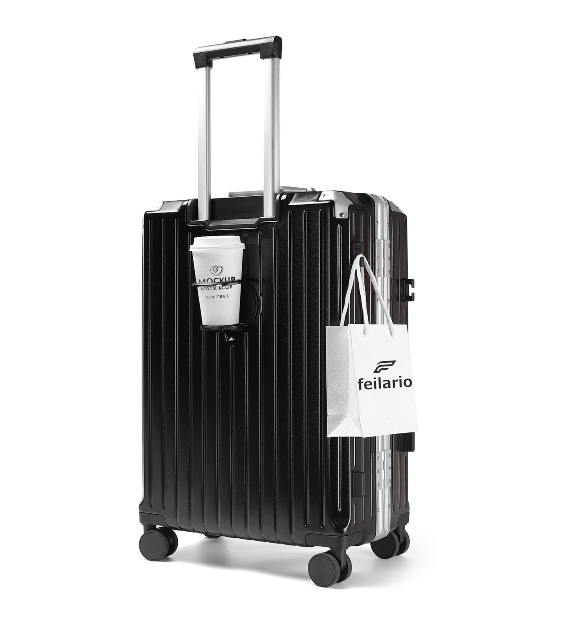 feilario24in Aluminium Frame PC ABS Zipperless Luggage Hardshell TSA Lock Spinner Wheels Carry on Suitcase with Cup Holder & Hook