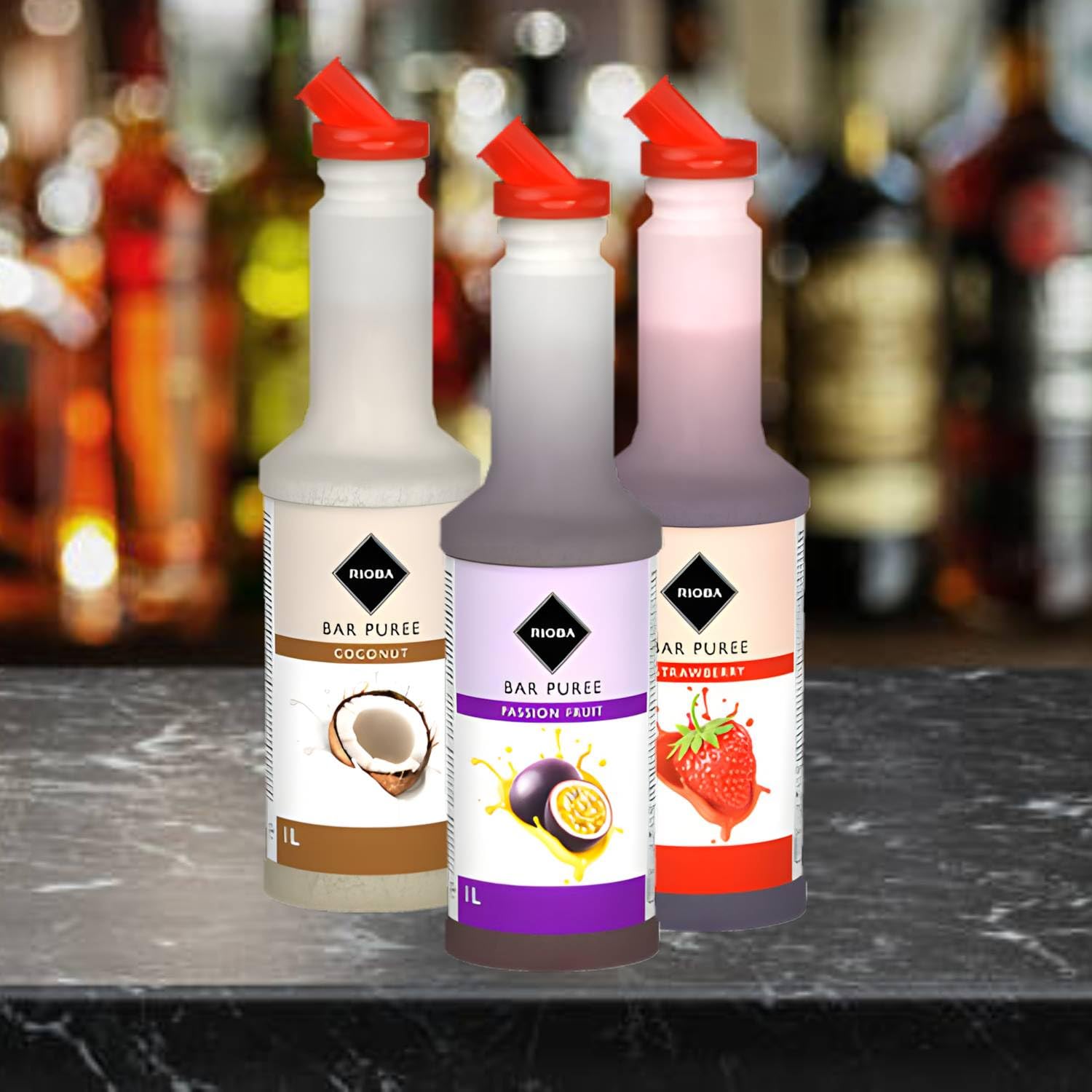 Rioba Bar Purée Mix - Sin Gluten, Elaborado en Italia - Ideal para Cocteles y Postres, 1,3 kg (3 BOTELLAS 1,300 ML., COCO)