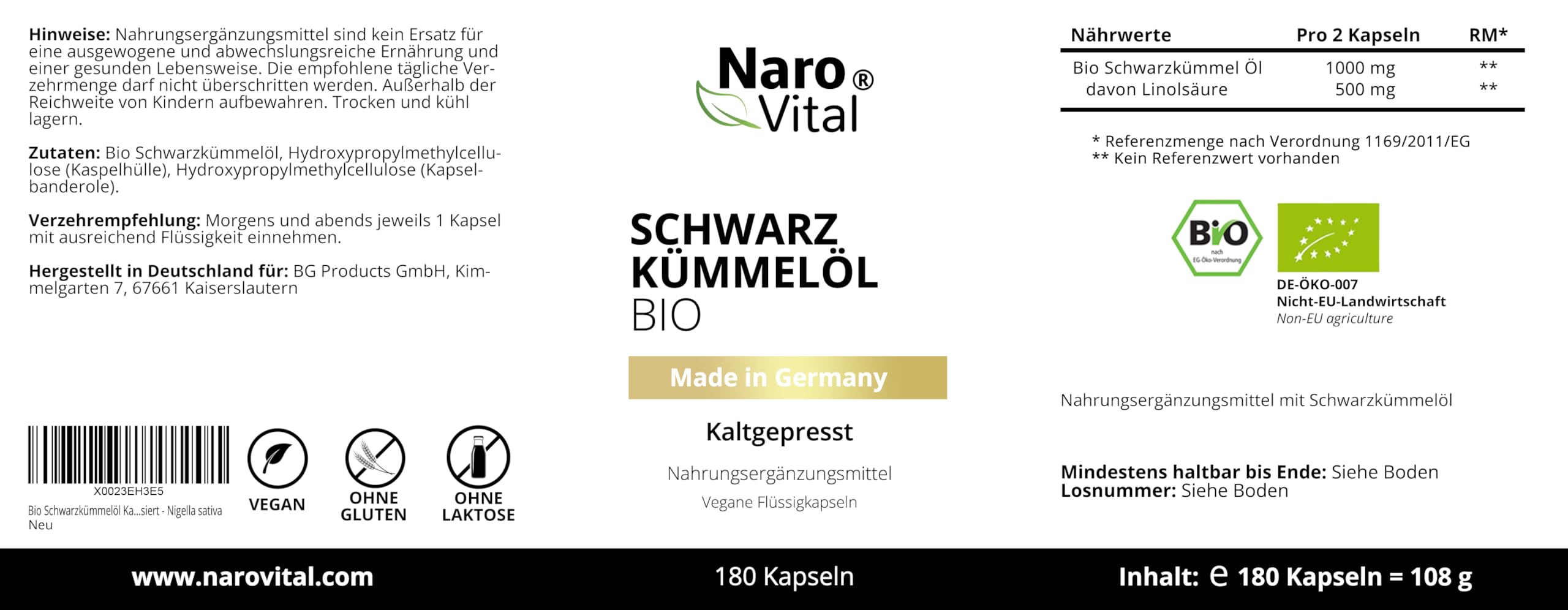 Schwarzkümmelöl Kapseln Bio Kaltgepresst & Naturbelassen - 180 vegane Schwarzkümmel Kapseln Hochdosiert - 1000mg Ägyptisches Schwarzkümmelöl pro Tagesdosis - Black Seeds Oil