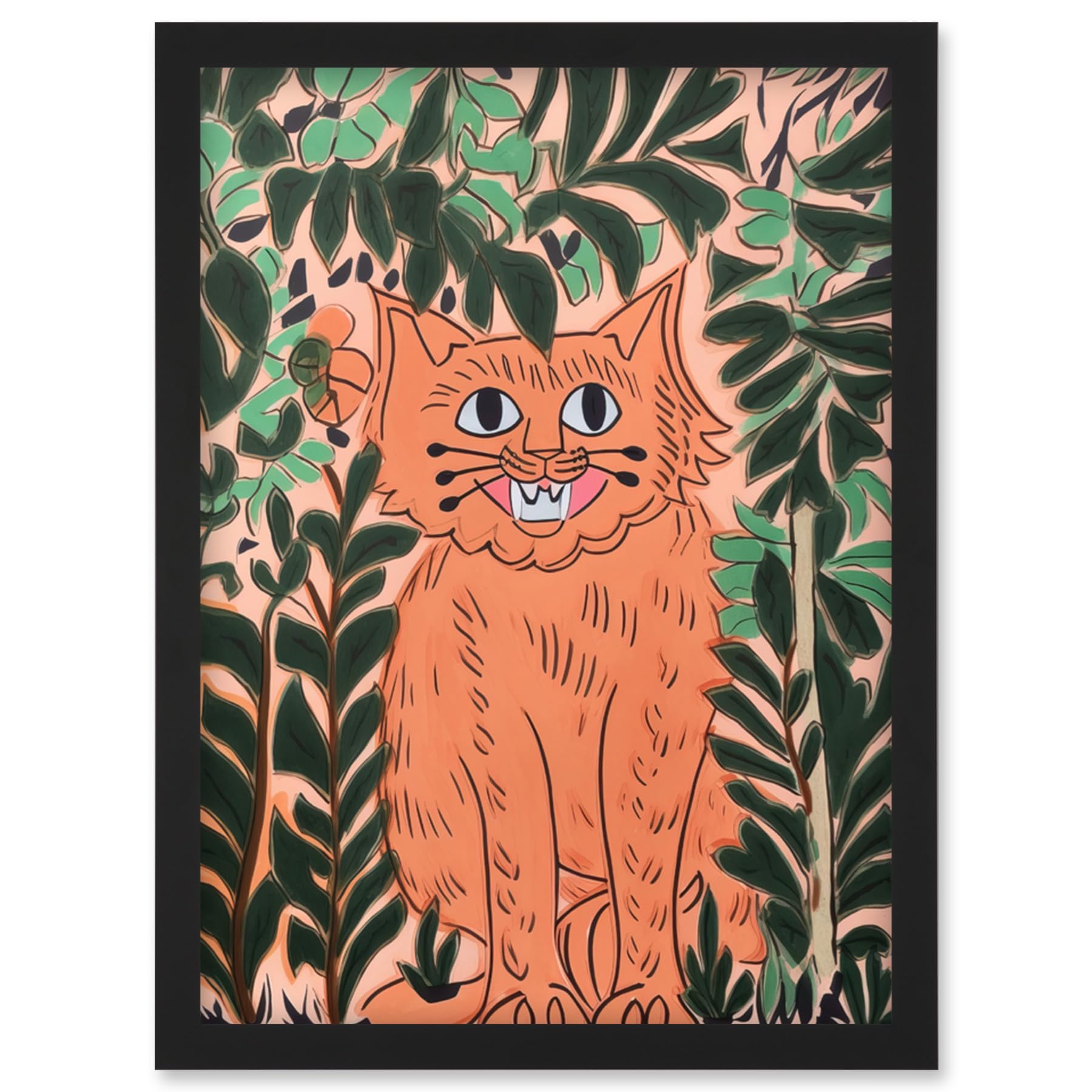 Artery8 Ginger Orange Tabby Cat in Plants Modern Folk Art Artwork Framed Wall Art Print A4