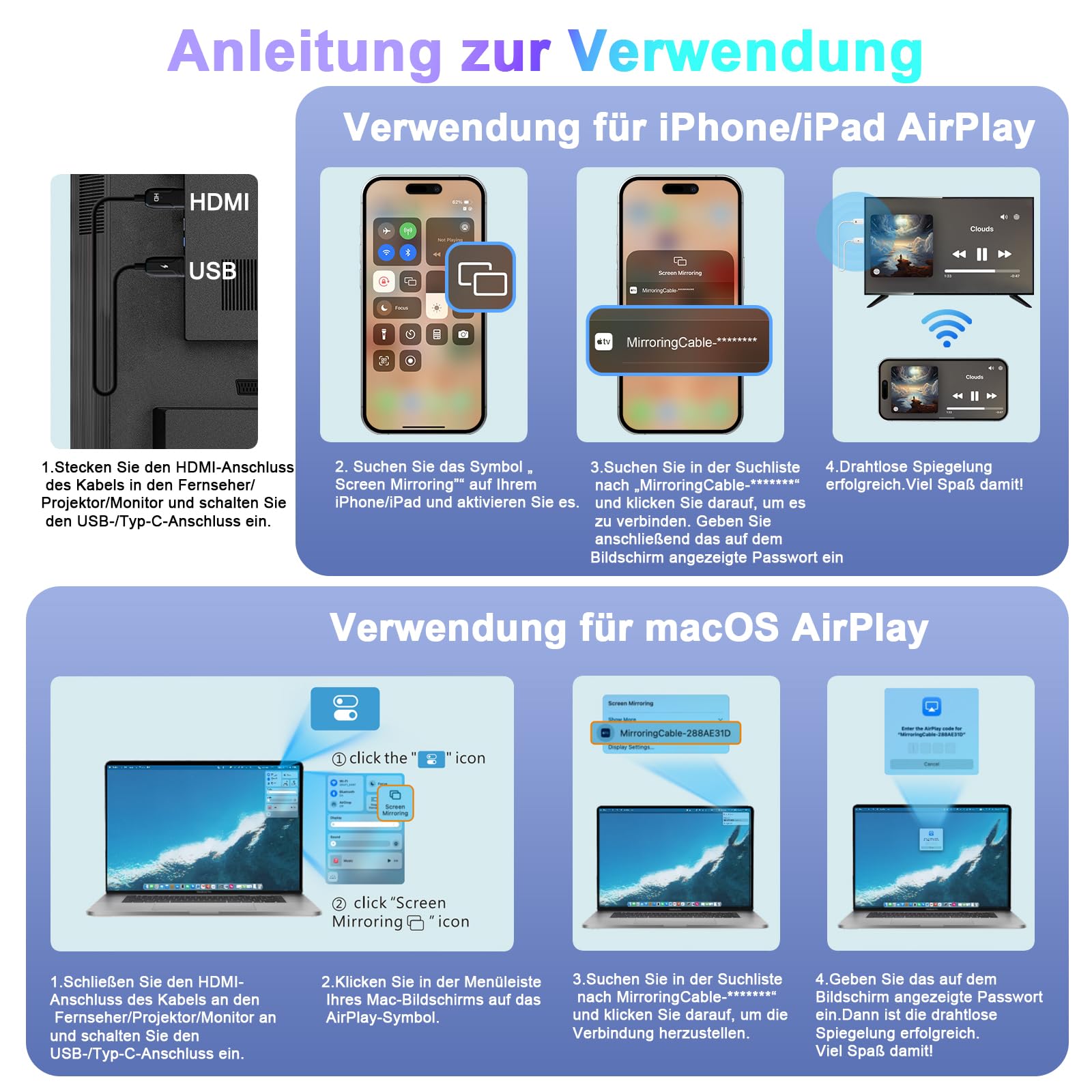 Wireless HDMI Adapter, 2.4G/5G Dual Band HD hdmi Wireless mit Miracast/AirPlay, Kompatibel mit iOS/Android/Windows/Mac, Plug & Play, Bildschirmspiegelung für TV/Monitor/Projektor