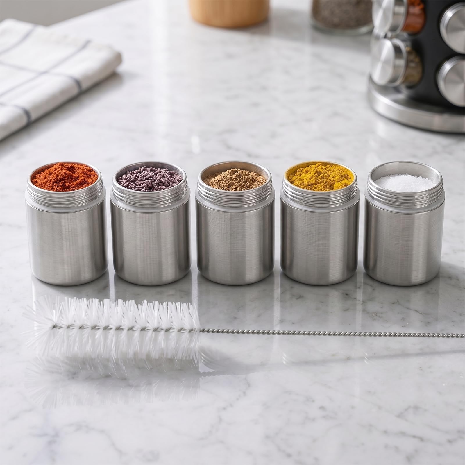 Aluminium Étanche Boite à Épice 5-en-1 Set de 2 Mini Récipients à Épices pour Voyage Pique-Nique