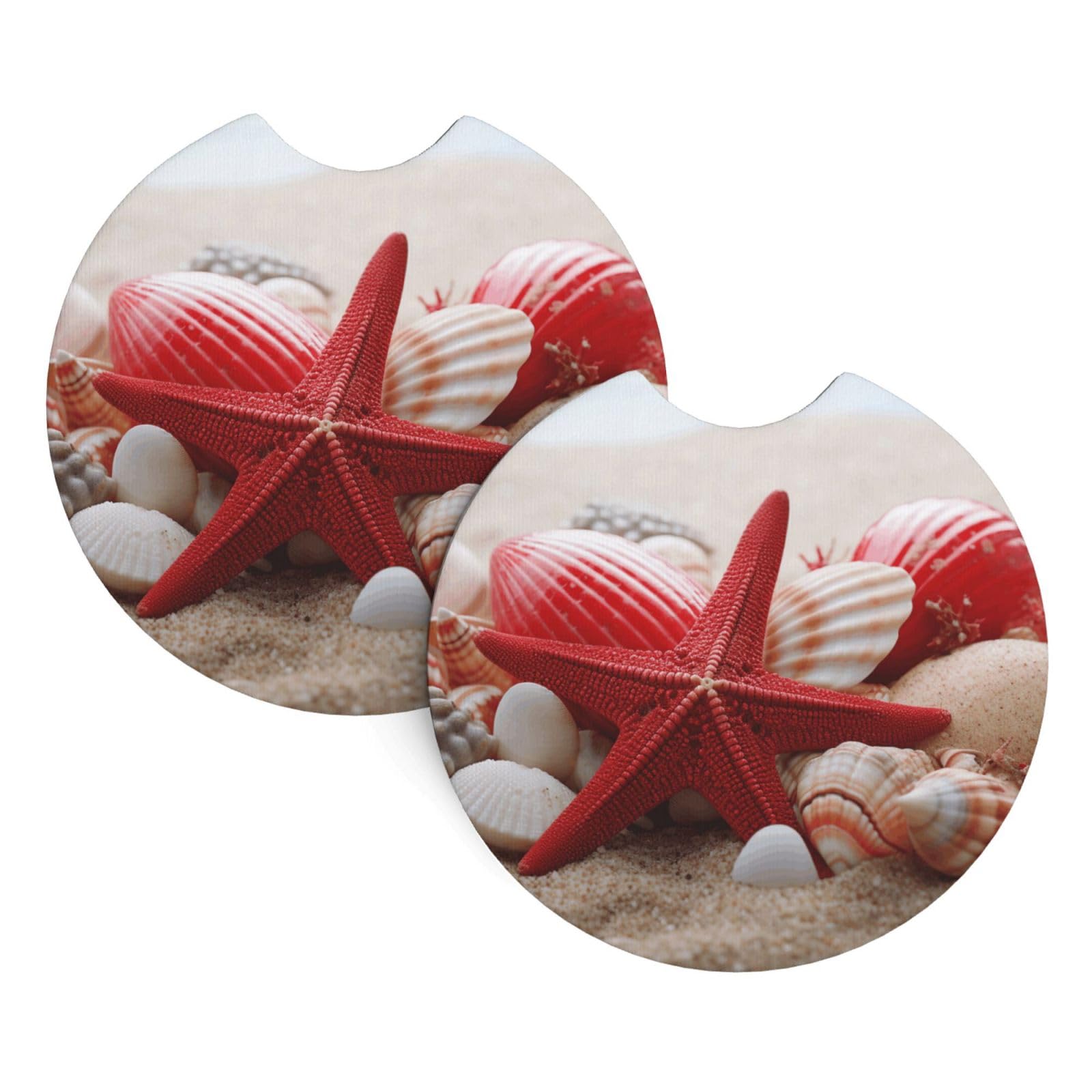 2 Pack Car Coaster for Cup Holders Red Starfish Seashells Car Cup Coaster 2.7" Neoprene Non-Slip Automotive Cup Mat Universal Auto Car Interior Accessories for Women Men Cup Pad