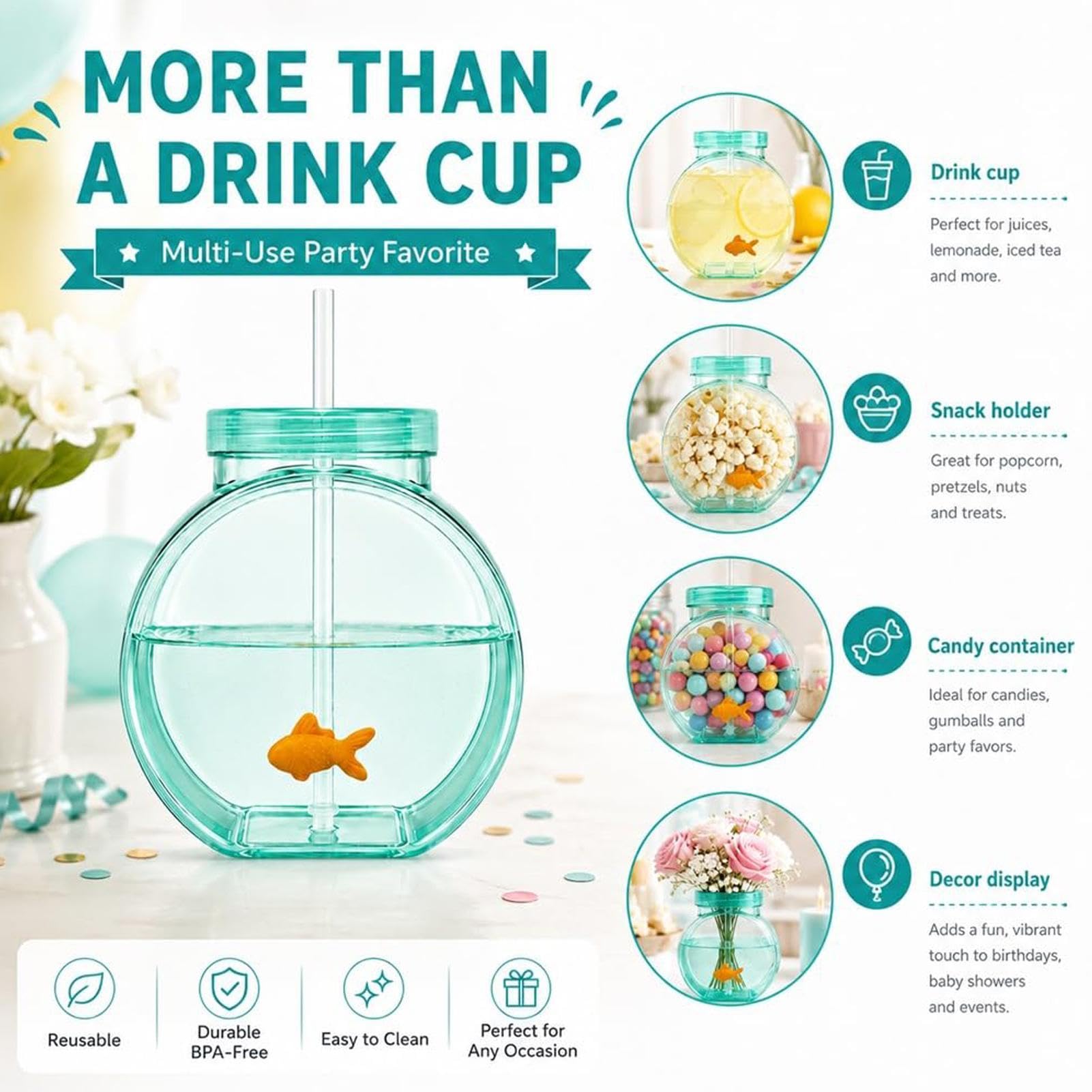 Bols à poisson pour boissons, portables et réutilisables avec paille et couvercle, pour cocktail, jus, soda, limonade, activités familiales, fêtes sur la plage, événements scolaires
