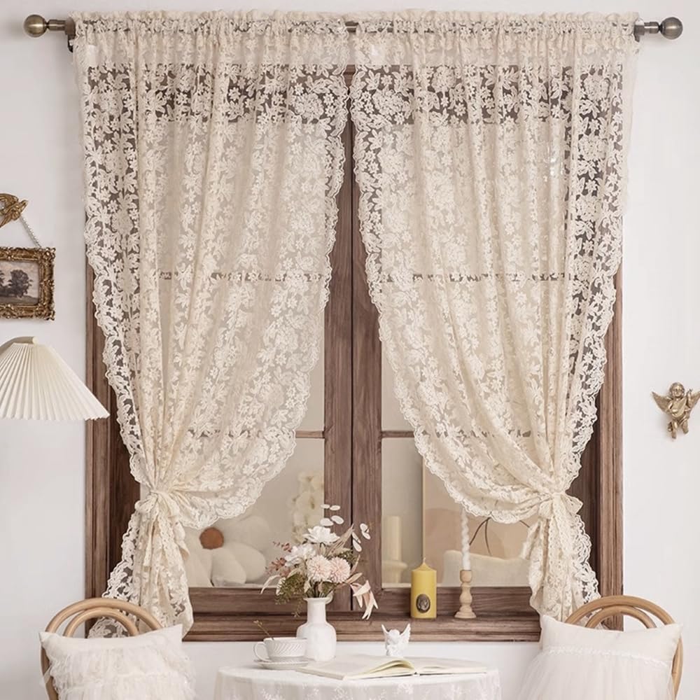 Elegant Floral Lace Sheer Curtains for Bedroom Romantic Flower Embroidered Voile Curtain for Kitchen Vintage Privacy Lace Sheer Tulle Curtains for Living Room Rod Pocket, 2 Panels (Beige,W51 L47 inch)