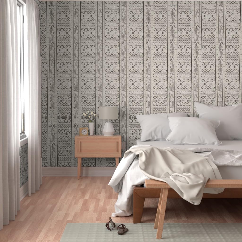 Peel & Stick Wallpaper 3ft x 2ft - Mudcloth Black African Tribal Decor Custom Removable Wallpaper by Spoonflower