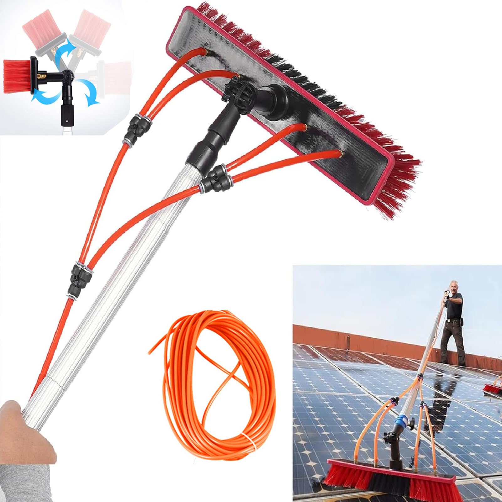 Kit de cepillo de limpieza de paneles solares y escobilla de goma con postes extensibles para mantenimiento de ventanas de techo e invernaderos (tamaño 400 cm)
