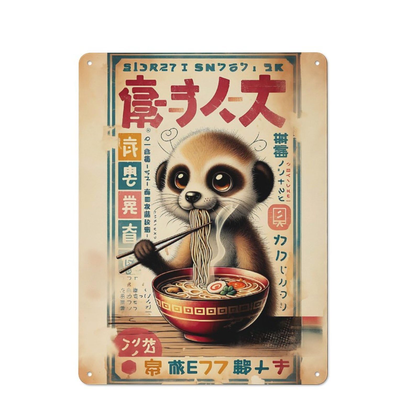 Junmoney Meerkat Eating Ramen Japanese Style Metal Wall Sign 40X30cm Featuring For Home Bar Wall, Suited To Bar Sign Collectors