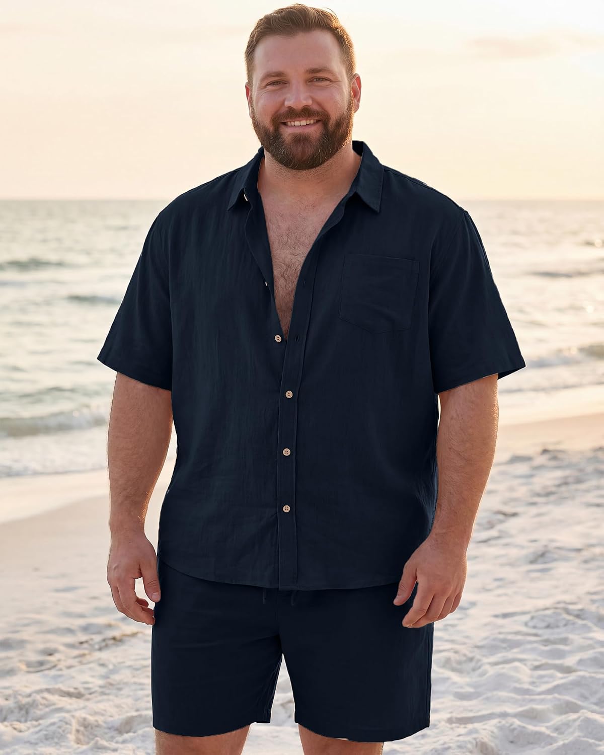 Big and Tall 2 Piece Faux Linen Sets Outfits Mens Short Sleeve Button Shirt and Beach Shorts Linen Suit