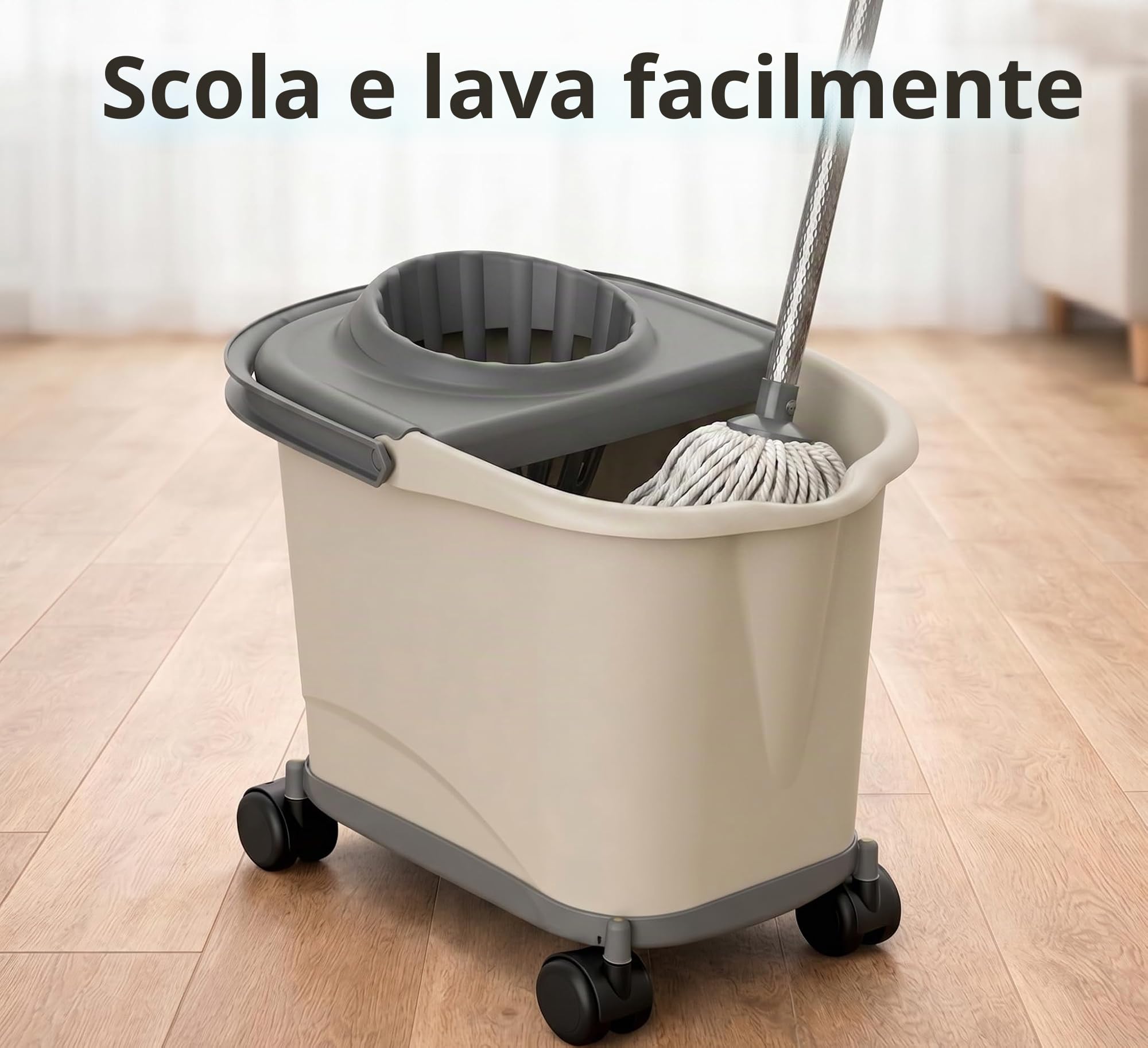 Recamania Secchio rettangolare in plastica con strizzatoio e ruote a 360°, colore beige, 16 l, 39 x 29 x 35 cm