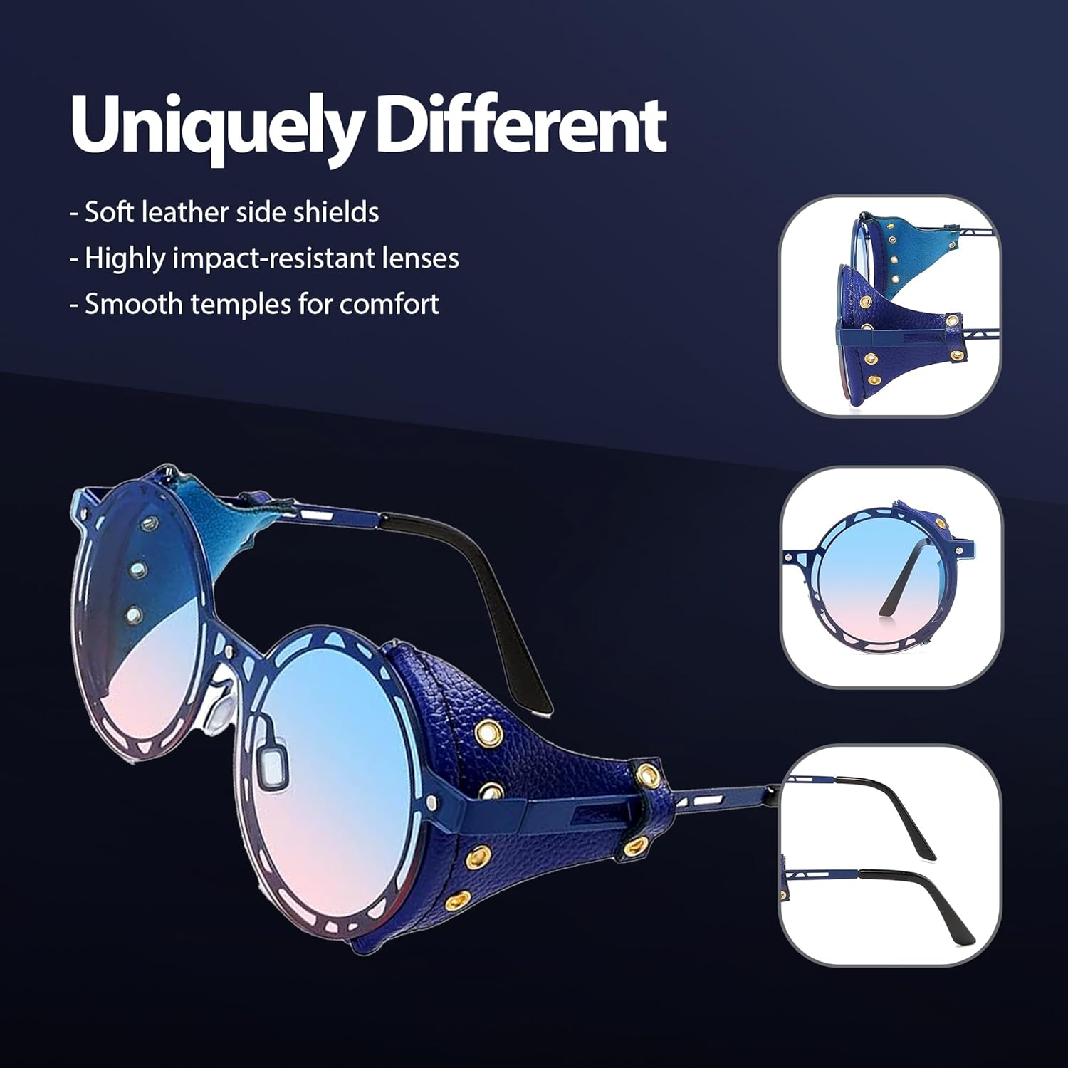 Technigadgets Julian Steampunk Sunglasses Retro Round Metal Frame With Leather Sideshield Mirrored Eyeglasses Mens Gift - Image 3