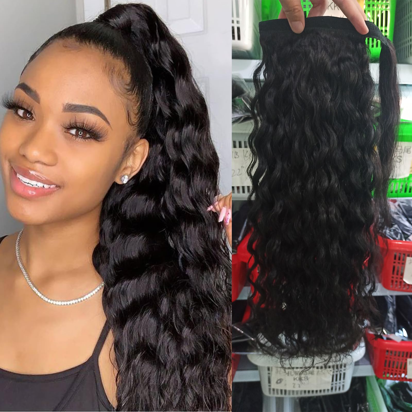 Human Hair Ponytail Extension Water Wave Magic Paste Wavy Natural Curly Ponytail 100% Real Remy Hair Corn Wave Black Pony Tails Hair Extensions For