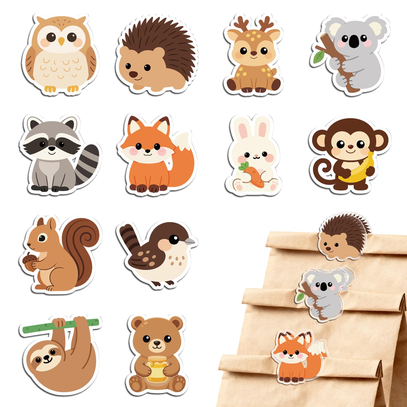 MAYJOYDIY 24Pcs 12 Styles Woodland Animal Acrylic Chip Clips Owl Hedgehog Deer Raccoon Fox Bag Sealer Sealing Closures Cute Koala Rabbit Monkey Squirrel Bag Clips for Food Storage Airtight Seal Grip