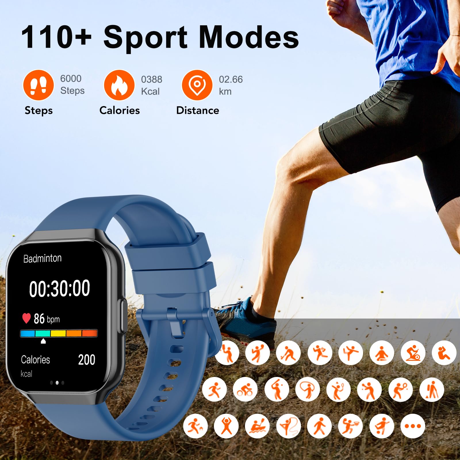 Smartwatch Uomo Donna, 1.96" Orologio Smartwatch con Effettua o Risposta Chiamate, 110+ Sportive Smart Watch con Contapassi/Sonno/Cardiofrequenzimetro, Impermeabil IP68 Fitness Tracker per Android/iOS